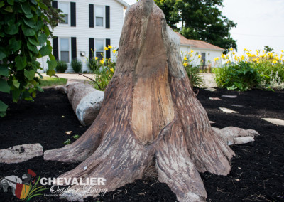 unique fancy WNY western New York Chevalier outdoor living landscape build built design designed custom stone brick durable practical inventive tree stump
